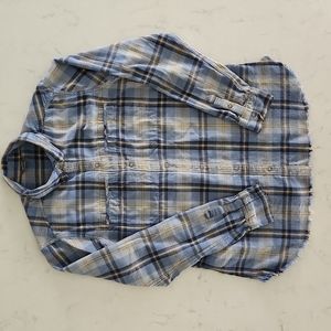 Eddie Bauer Flannel Shirt Blue Plaid Raw Hem Size: Tall Medium